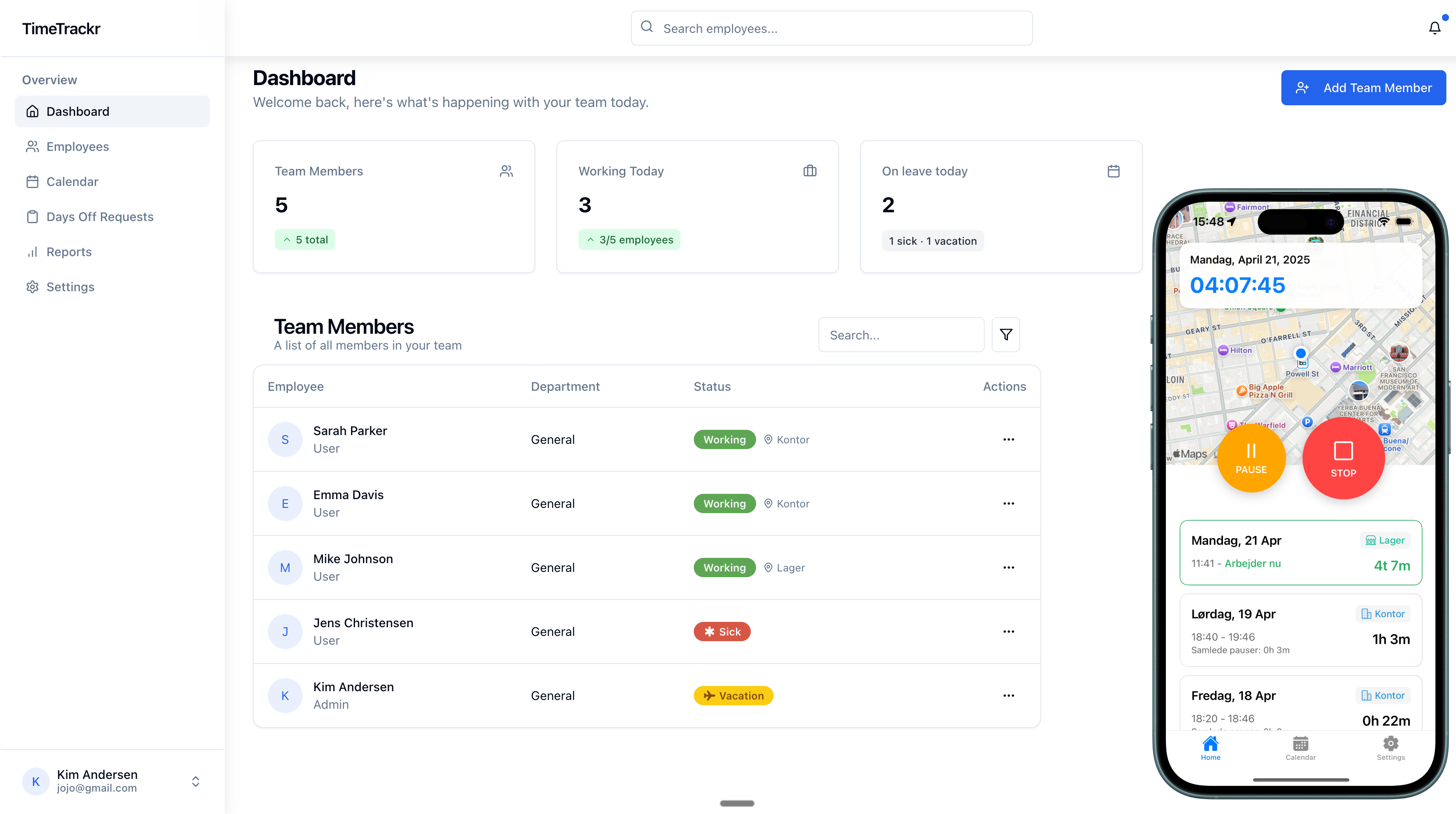 Timetracker dashboard showing team overview and time tracking
